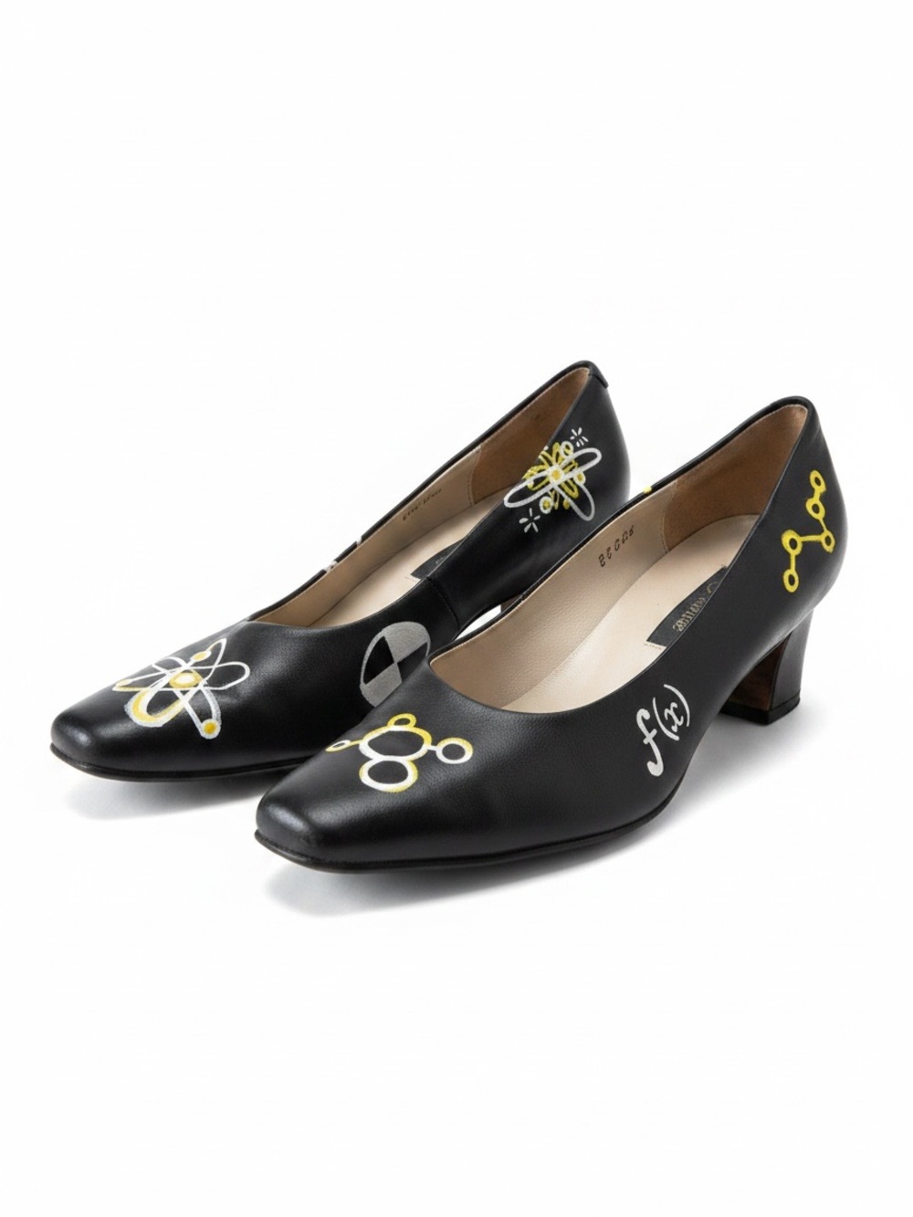Hand Painted Black Pumps STEM Science Wearable Art Yellow Bottoms Block Heel 7.5
